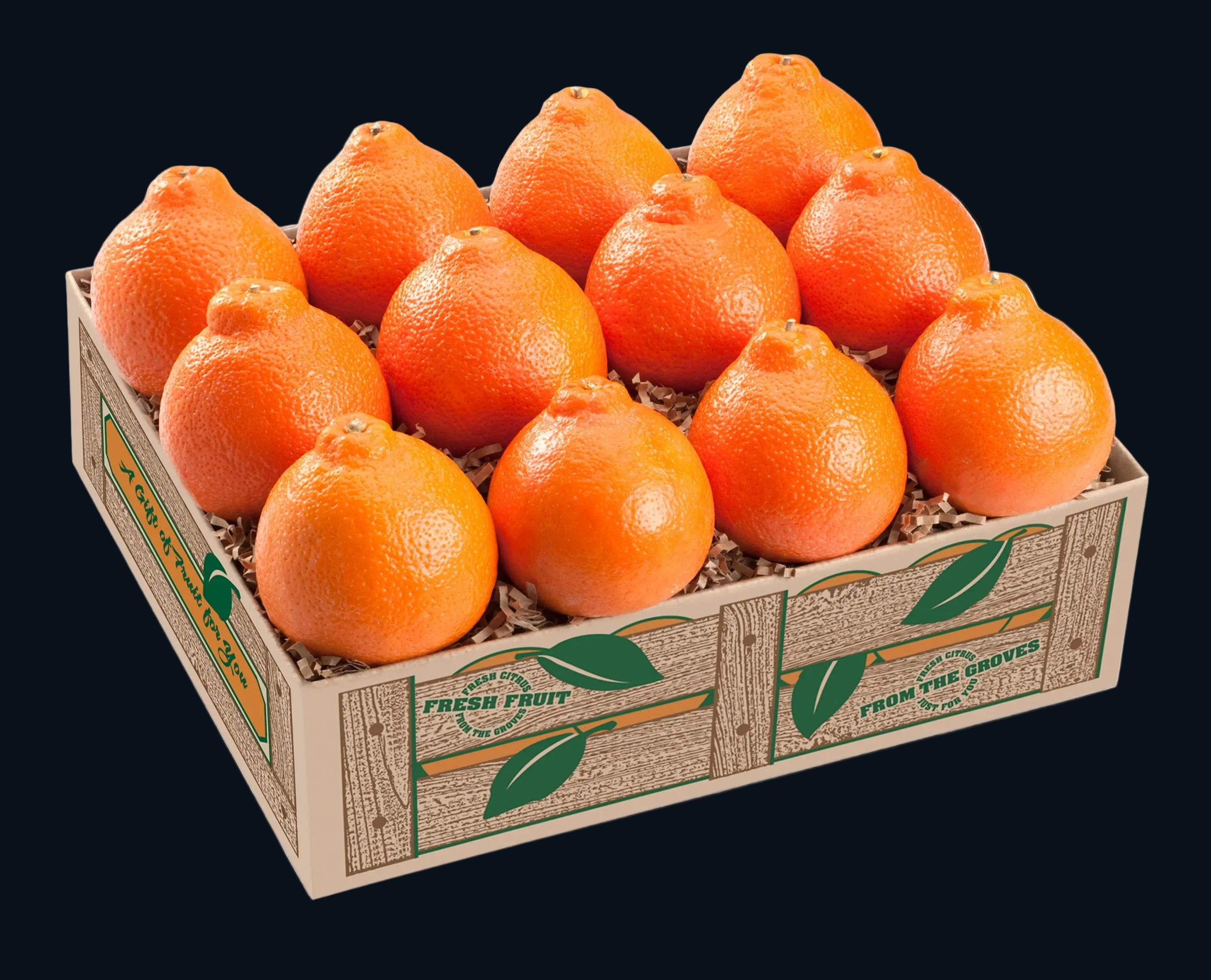 Box of oranges with a rustic design on a white background